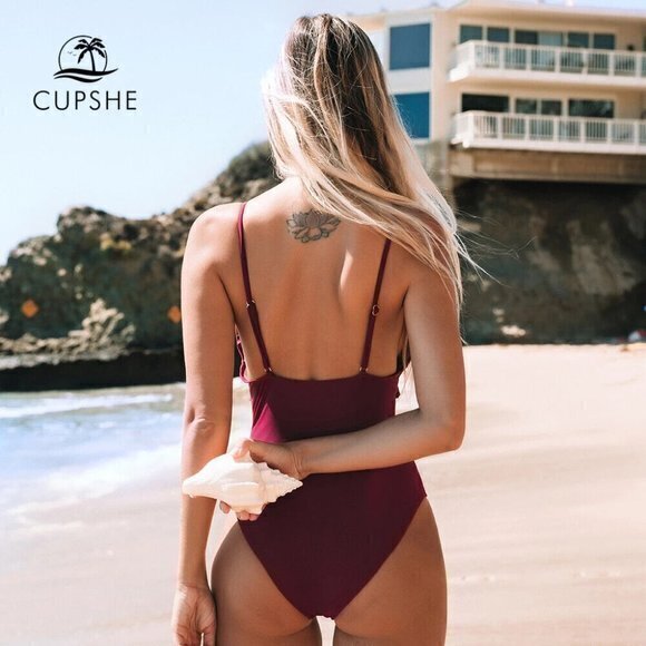 CUPSHE Solid Wine Red Ruffled Trim One-Piece Swimsuit Sexy V-neck Straps Women S - Picture 2 of 7